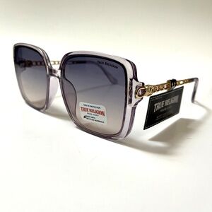 New Original TRUE RELIGION Oversized Square Sunglasses Clear Purple Acetate Gold